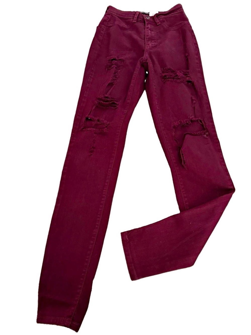 Fashion Nova Burgundy Distressed Skinny Denim Jeans Juniors Size 1  24x32